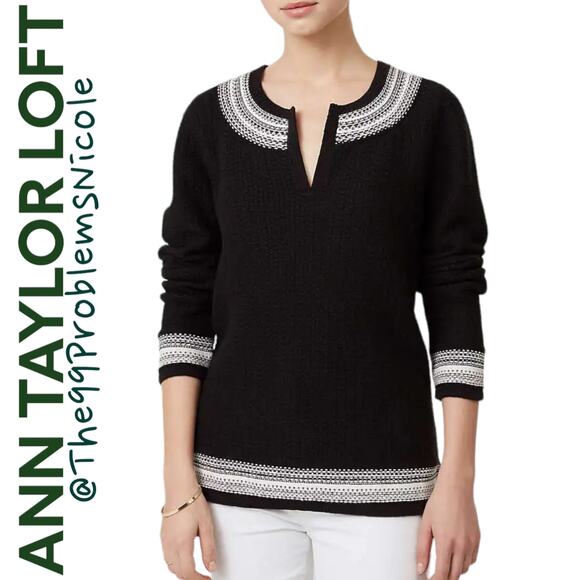 LOFT Black Embroidered Split Neck Sweater - Picture 1 of 7
